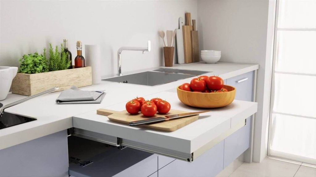 Выдвижной встроенный стол на кухне - виды / Фото.